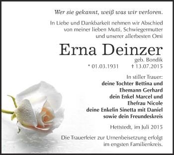 Traueranzeige von Erna Deinzer von Super Sonntag SGH Mansf. Land