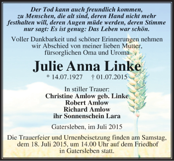 Traueranzeige von Julie Anna Linke von Mitteldeutsche Zeitung Aschersleben
