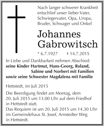 Traueranzeige von Johannes Gabrowitsch von Super Sonntag SGH Mansf. Land