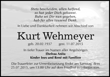 Traueranzeige von Kurt Wehmeyer von Mitteldeutsche Zeitung Halle/Saalkreis