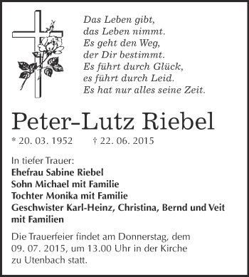 Traueranzeige von Peter-Lutz Riebel von WVG - Wochenspiegel NMB / WSF / ZTZ