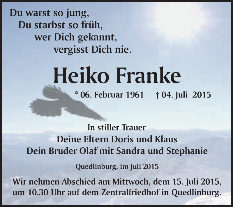  Traueranzeige für Heiko Franke vom 11.07.2015 aus WVG - Wochenspiegel Quedlinburg