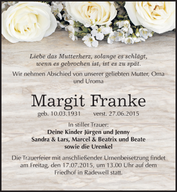 Traueranzeige von Margit Franke von Mitteldeutsche Zeitung Halle/Saalkreis