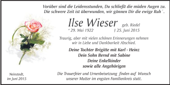 Traueranzeige von Ilse Wieser von Mitteldeutsche Zeitung Quedlinburg