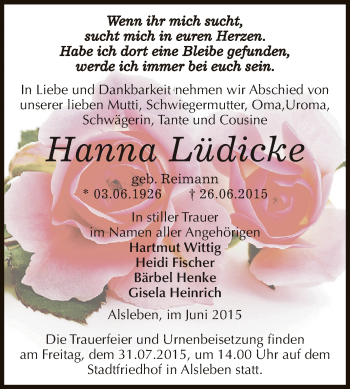 Traueranzeige von Hanna Lüdicke von Super Sonntag Bernburg