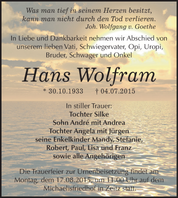 Traueranzeige von Hans Wolfram von Super Sonntag Zeitz