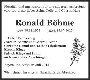 Traueranzeige von Ronald Böhme von Super Sonntag Zeitz