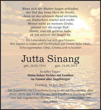 Traueranzeige von Jutta Sinang von Mitteldeutsche Zeitung Naumburg/Nebra