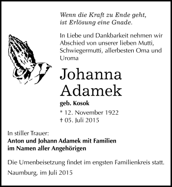 Traueranzeige von Johanna Adamek von Mitteldeutsche Zeitung Naumburg/Nebra