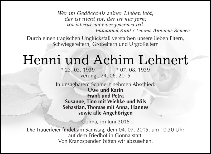  Traueranzeige für Henni und Achim Lehnert vom 01.07.2015 aus WVG - Wochenspiegel SGH