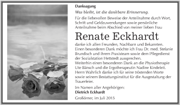 Traueranzeige von Renate Eckhardt von Super Sonntag SGH Mansf. Land