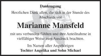 Traueranzeige von Marianne Mansfeld von Super Sonntag Bernburg
