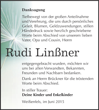 Traueranzeige von Rudi Linßner von WVG - Wochenspiegel NMB / WSF / ZTZ