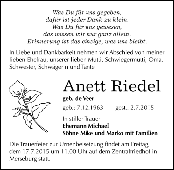Traueranzeige von Annett Riedel von Mitteldeutsche Zeitung Merseburg/Querfurt