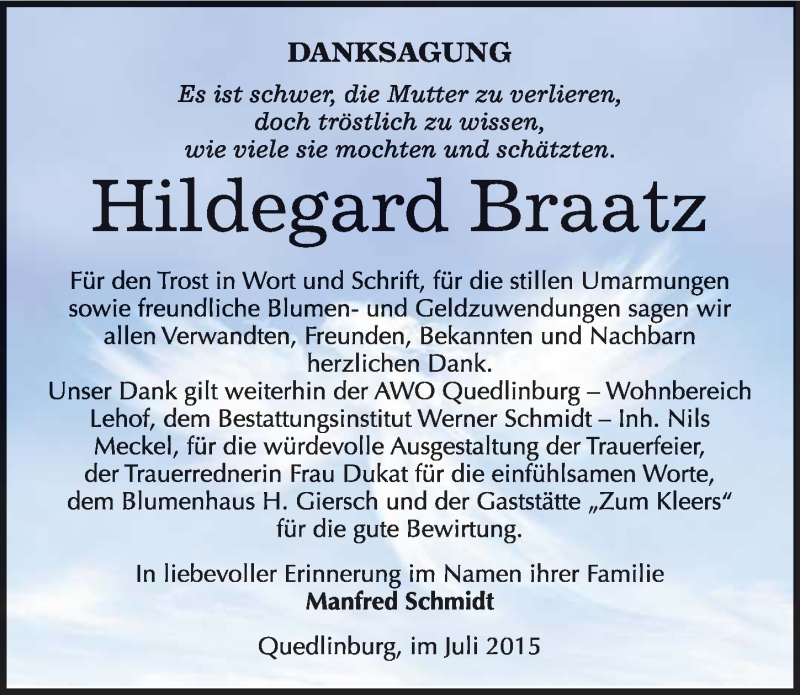  Traueranzeige für Hildegard Braatz vom 18.07.2015 aus Mitteldeutsche Zeitung Quedlinburg