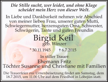 Traueranzeige von Birgid Keil von Mitteldeutsche Zeitung Halle/Saalkreis