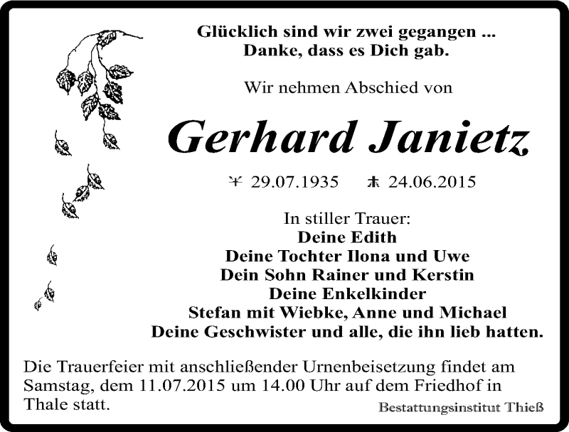  Traueranzeige für Gerhard Janietz vom 04.07.2015 aus Mitteldeutsche Zeitung Quedlinburg