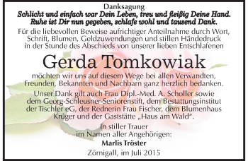 Traueranzeige von Gerda Tomkowiak von Mitteldeutsche Zeitung Wittenberg
