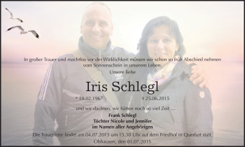 Traueranzeige von Iris Schlegl von Mitteldeutsche Zeitung Merseburg/Querfurt