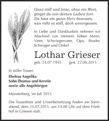Traueranzeige von Lothar Grieser von WVG - Wochenspiegel Wittenberg
