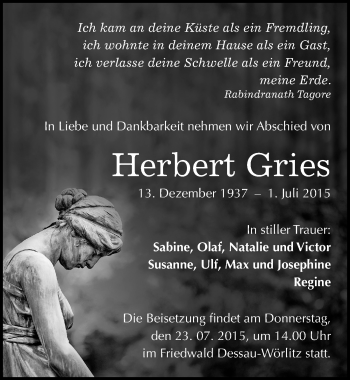 Traueranzeige von Herbert Gries von Mitteldeutsche Zeitung Dessau-Roßlau