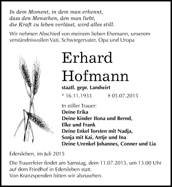 Traueranzeige von Erhard Hofmann von Mitteldeutsche Zeitung Sangerhausen