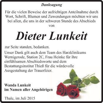 Traueranzeige von Dieter Lunkeit von Super Sonntag Quedlinburg