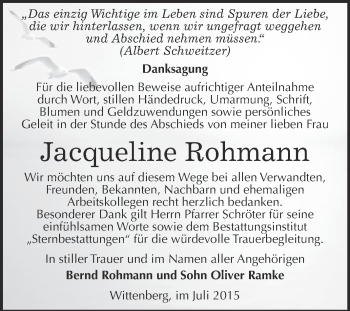 Traueranzeige von Jacqueline Rohmann von Super Sonntag Wittenberg