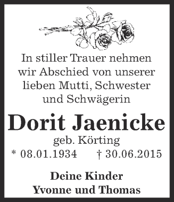 Traueranzeige von Dorit Jaenicke von WVG - Wochenspiegel Dessau / Köthen
