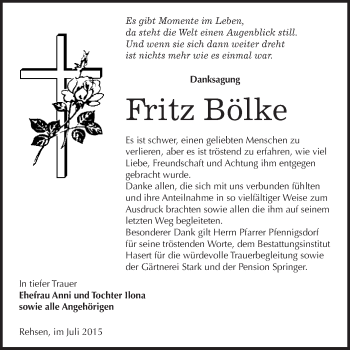 Traueranzeige von Fritz Bölke von WVG - Wochenspiegel Wittenberg
