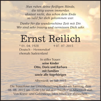 Traueranzeige von Ernst Reilich von WVG - Wochenspiegel Merseburg