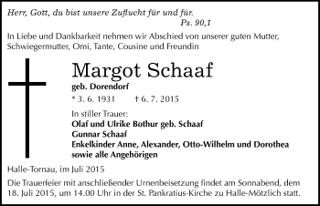 Traueranzeige von Margot Schaaf von Mitteldeutsche Zeitung Halle/Saalkreis