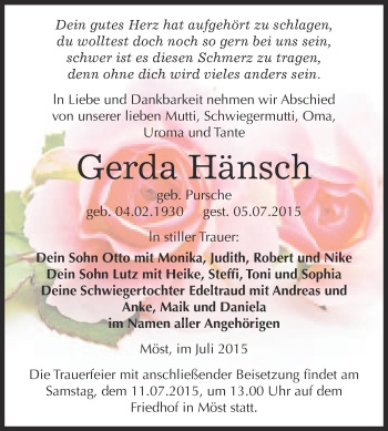 Traueranzeige von Gerda Hänsch von WVG - Wochenspiegel Bitterfeld