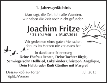Traueranzeige von Joachim Fritze von Super Sonntag Dessau / Köthen