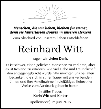 Traueranzeige von Reinhard Witt von Mitteldeutsche Zeitung Wittenberg