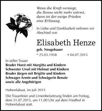 Traueranzeige von Elisabeth Henze von Mitteldeutsche Zeitung Wittenberg