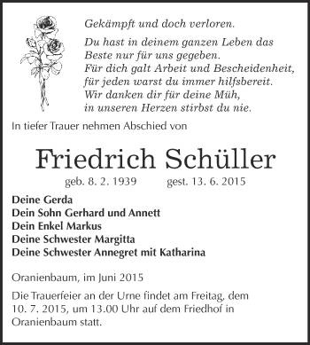 Traueranzeige von Friedrich Schüller von WVG - WOCHENSPIEGEL WITTENBERG