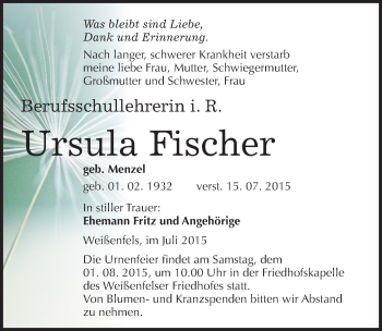 Traueranzeige von Ursula Fischer von Mitteldeutsche Zeitung Weißenfels