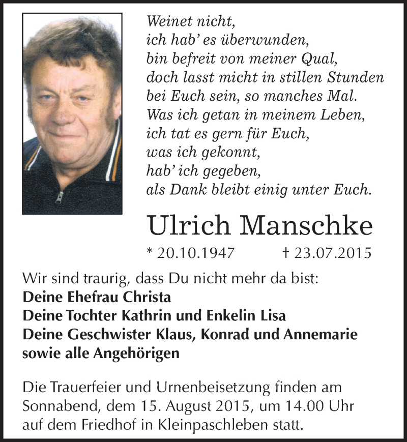  Traueranzeige für Ulrich Manschke vom 30.07.2015 aus Mitteldeutsche Zeitung Köthen
