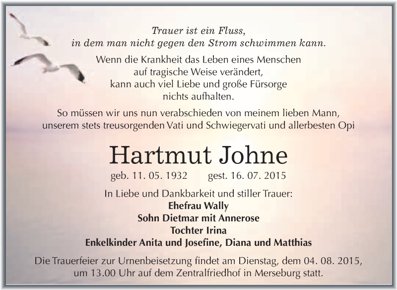  Traueranzeige für Hartmut Johne vom 25.07.2015 aus WVG - Wochenspiegel Merseburg