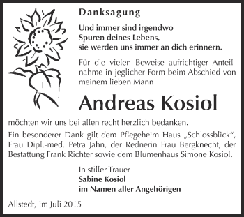 Traueranzeige von Andreas Kosiol von Super Sonntag SGH Mansf. Land