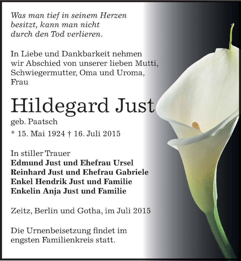  Traueranzeige für Hildegard Just vom 25.07.2015 aus Mitteldeutsche Zeitung Zeitz
