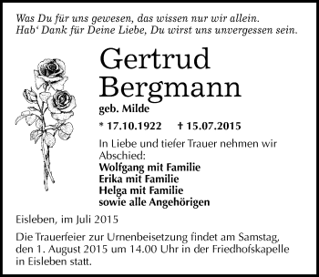 Traueranzeige von Gertrud Bergmann von Mitteldeutsche Zeitung Mansfelder Land