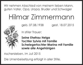 Traueranzeige von Hilmar Zimmermann von Super Sonntag Aschersleben