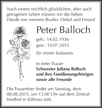 Traueranzeige von Peter Balloch von WVG - Wochenspiegel Dessau / Köthen
