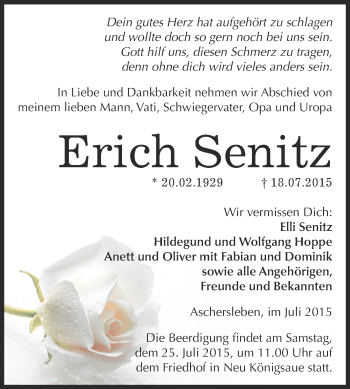Traueranzeige von Erich Senitz von WVG - Wochenspiegel Aschersleben