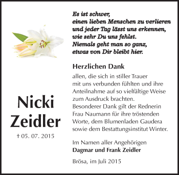 Traueranzeige von Nicki Zeidler von Mitteldeutsche Zeitung Bitterfeld