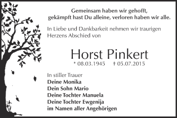 Traueranzeige von Horst Pinkert von WVG - Wochenspiegel Dessau / Köthen