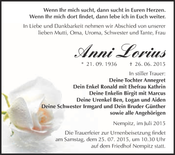 Traueranzeige von Anni Lorius von Super Sonntag Merseburg
