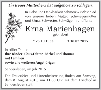 Traueranzeige von Erna Marienhagen von Wochenspiegel Mansfelder Land
